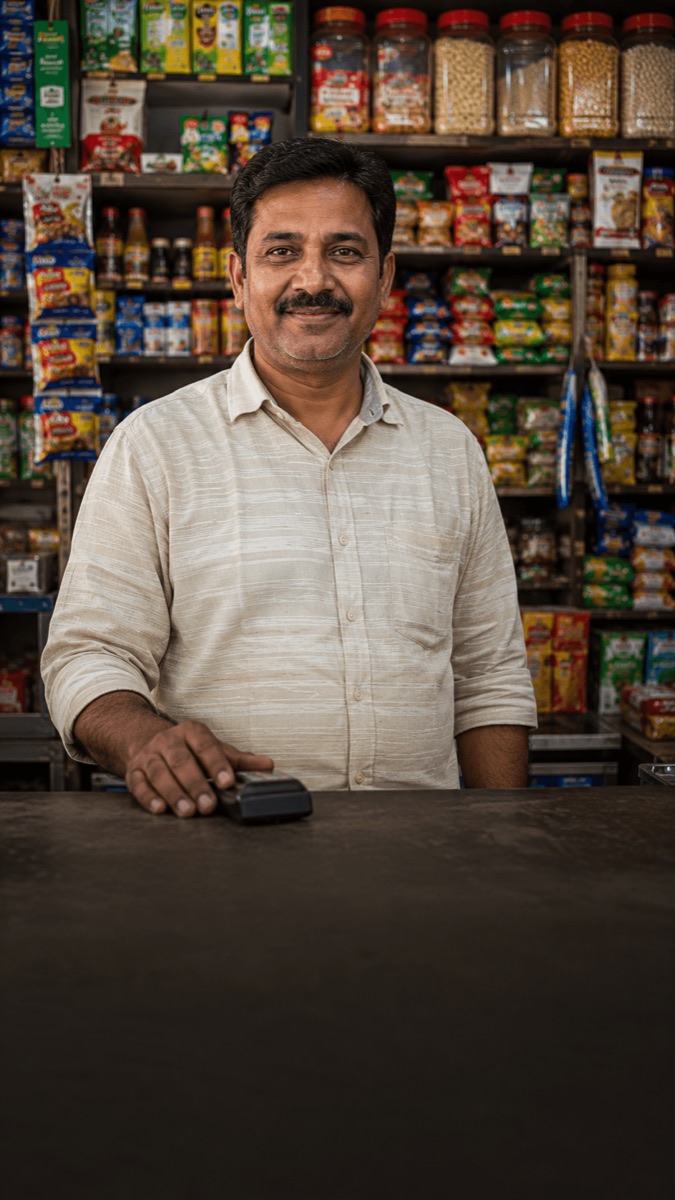 Kirana store owner at his billing counter